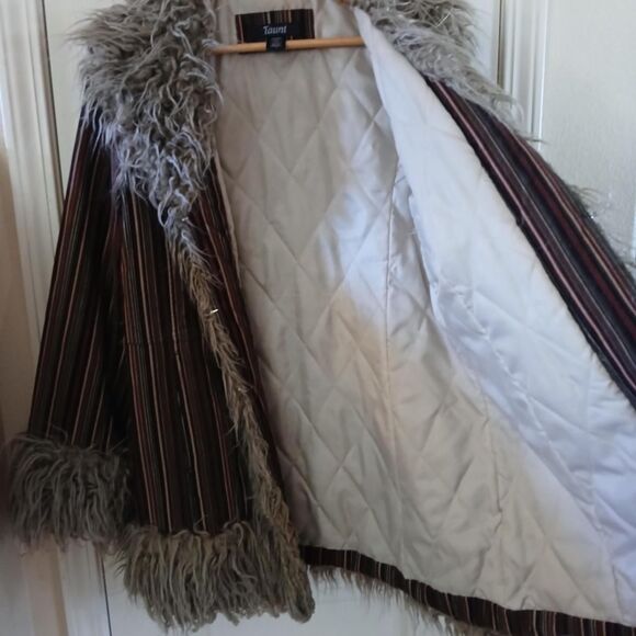 Y2K 90s Vintage Taunt Penny Lane Striped Corduroy Coat Shaggy Faux Fur Trim L - Picture 8 of 8